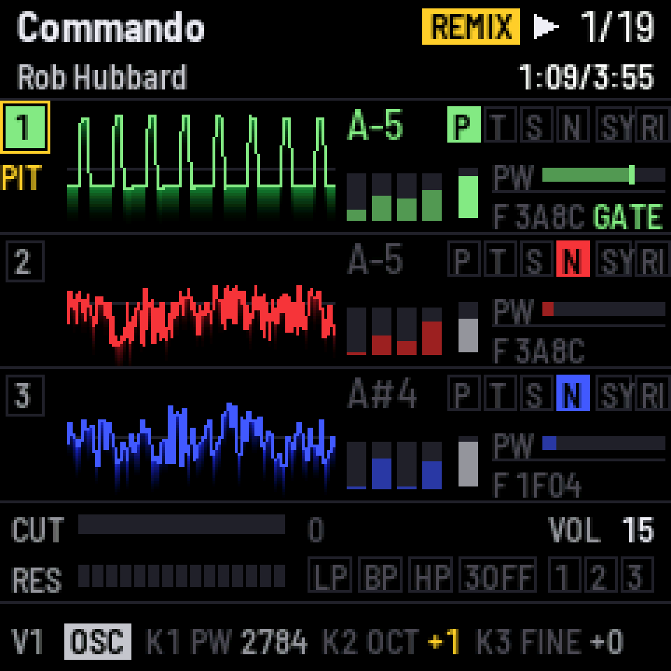 The FM-1's screen playing Commando by Rob Hubbard: three voices with their scopes, a square wave and two noise voices, voice 1 shifted an octave up